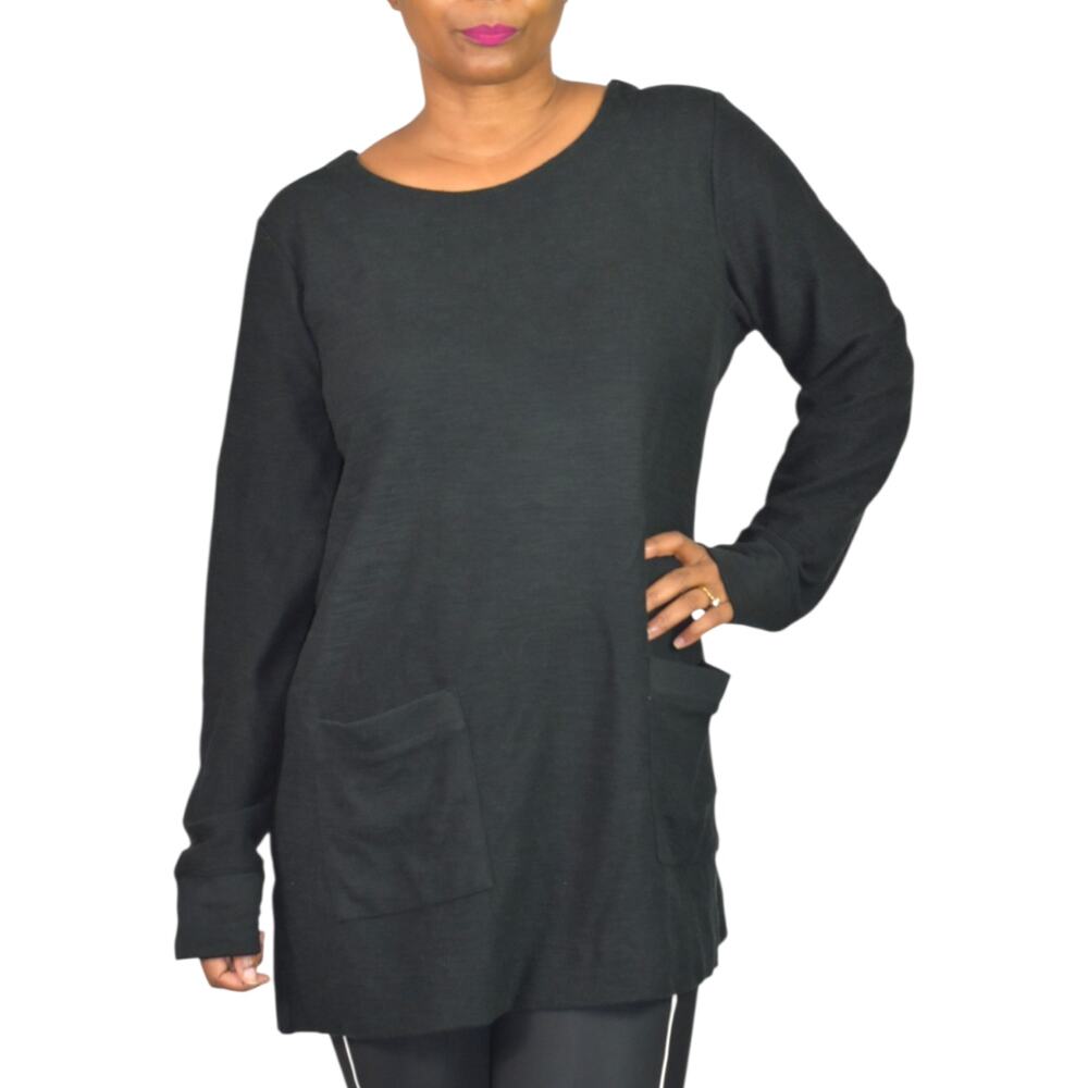 J Jill Black Textured Knit Tunic Cotton Blend Top Patch Pockets Side Slits Large - Picture 11 of 15